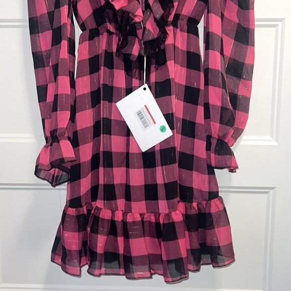 Vanessa Scott pink ruffle tunic dress tartan print long sleeves dress size M - Picture 7 of 14